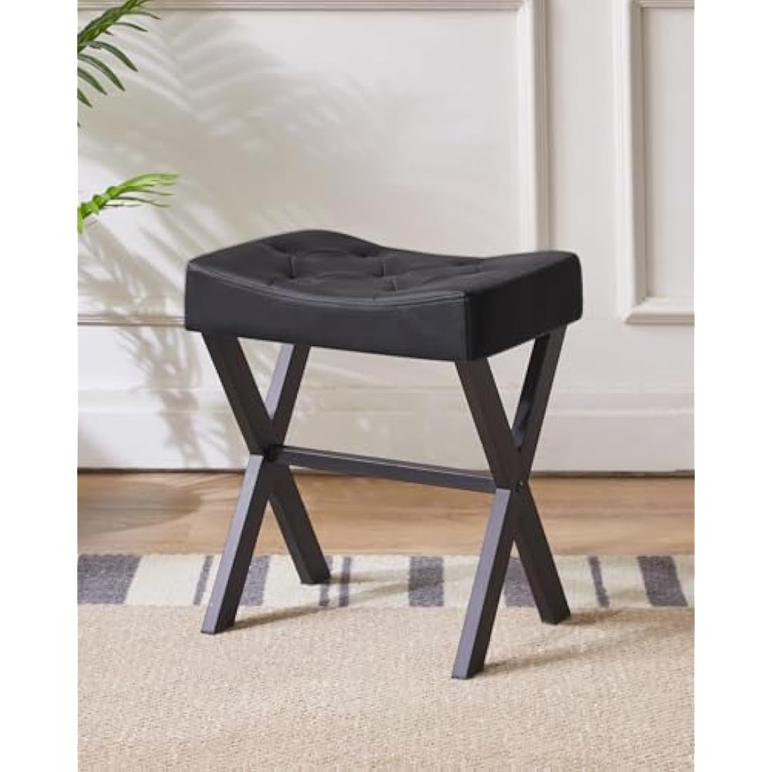 IBUYKE U-Shaped PU Leather Vanity Stool - Black X-Leg Makeup Ottoman
