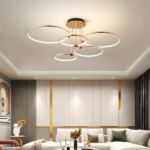 YYUTLUO Modern LED Ceiling Light – 108W Gold 5-Ring Dimmable Chandelier