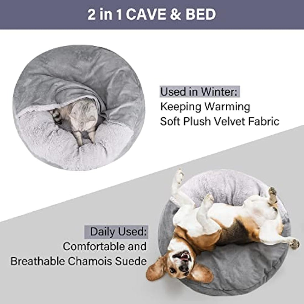 MICOOYO Hooded Donut Dog Bed – Large Grey Faux Fur Calming Pet Cave