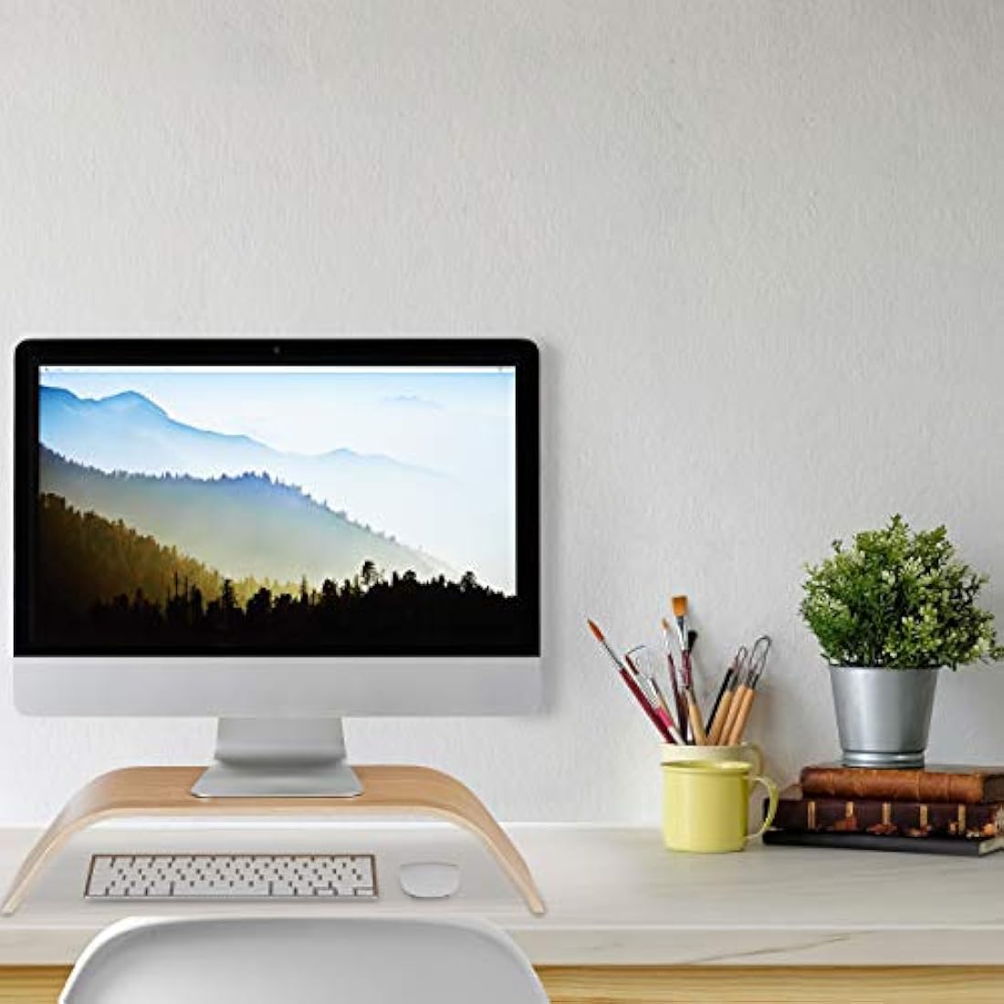 Relaxdays Bamboo Monitor Stand – Ergonomic Curved Desk Display Riser