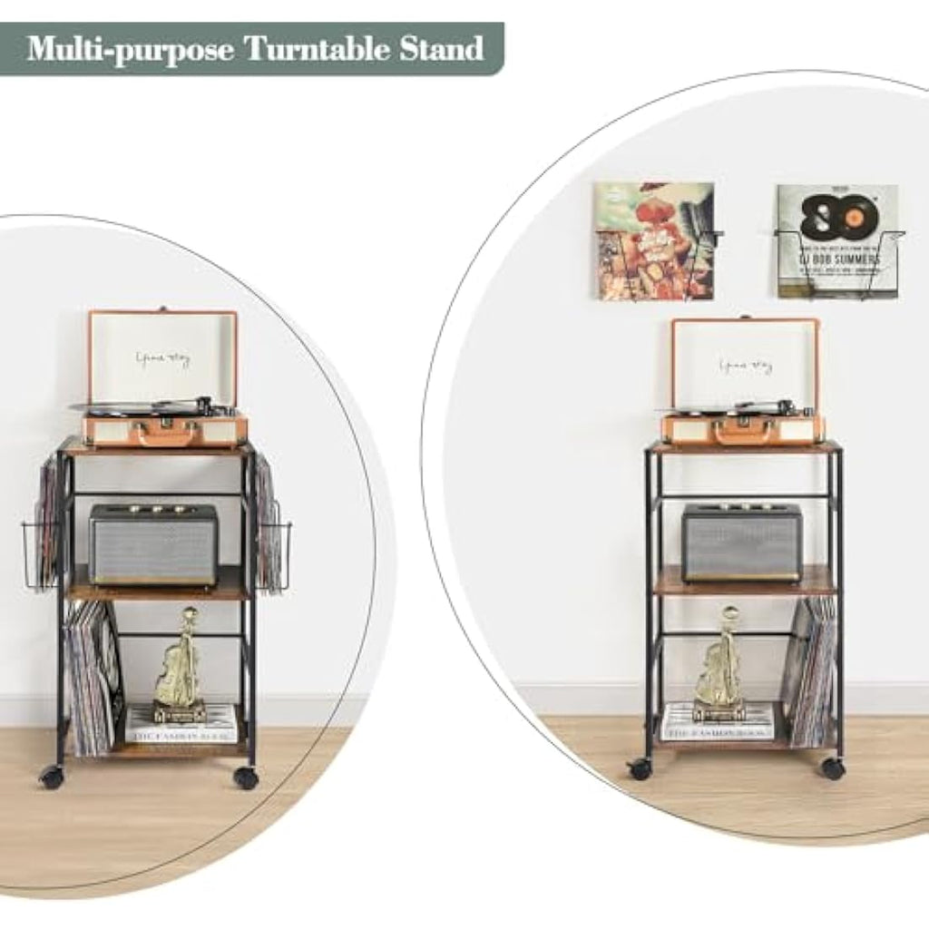 Bikoney Vinyl Record Storage – Rolling Turntable Stand with 3-Tier Shelves