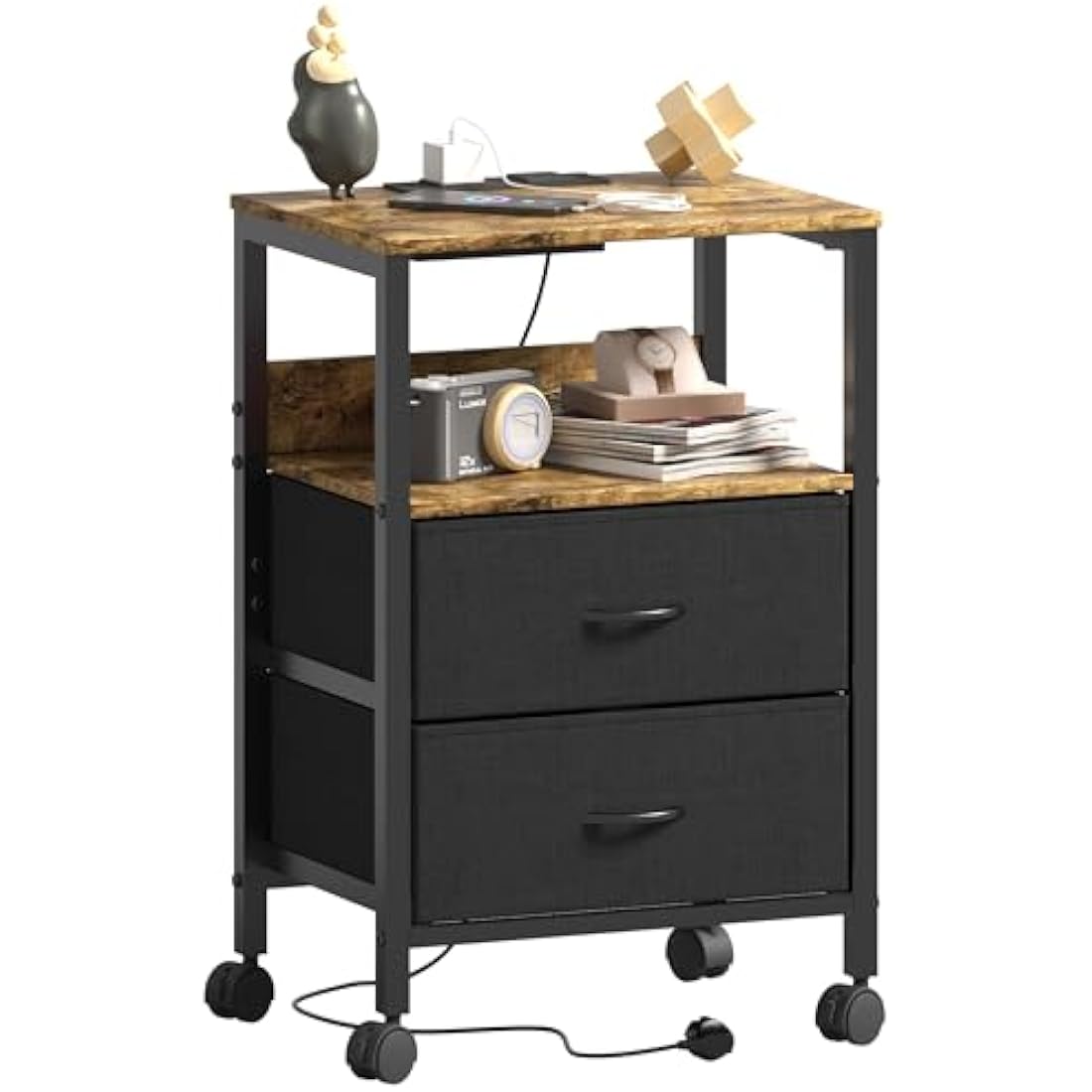Lutown Bedside Table with Charging Station and 2 Drawers – Rustic Brown