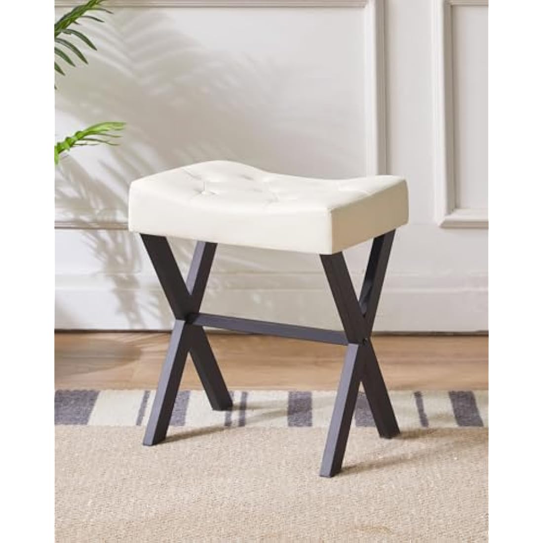 IBUYKE U-Shaped Vanity Stool | White PU Leather Makeup Ottoman with X-Leg