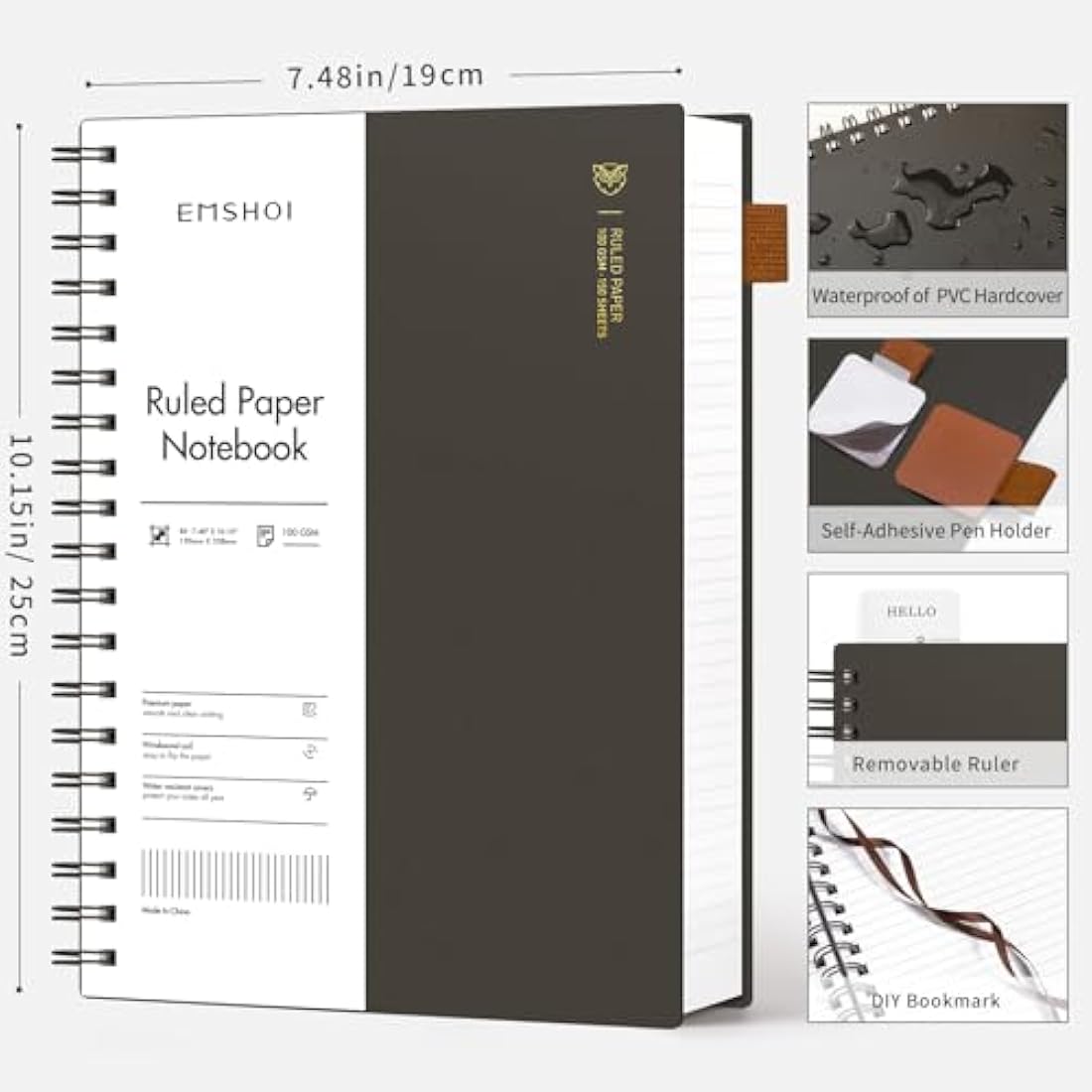 EMSHOI B5 Spiral Notebook | 300 Pages Lined Journal | 100gsm Thick Paper