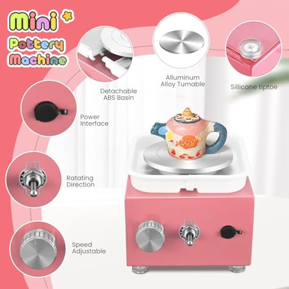 Jolof Store Mini Pottery Wheel – 2000RPM Electric DIY Kit for Kids, Pink