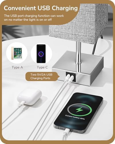 EDISHINE Touch Bedside Lamps Set of 2 | 3-Way Dimmable with USB A+C