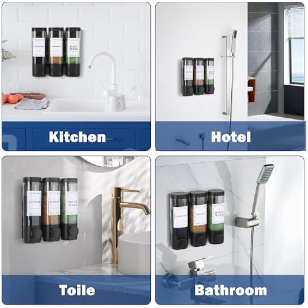 3-Chamber Shower Soap Dispenser | Wall Mounted Black ABS