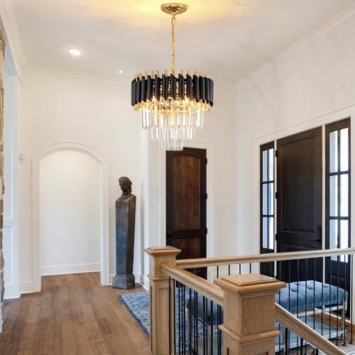 AOOCHOK Modern Crystal Chandelier – Black and Gold Pendant Light, 40cm