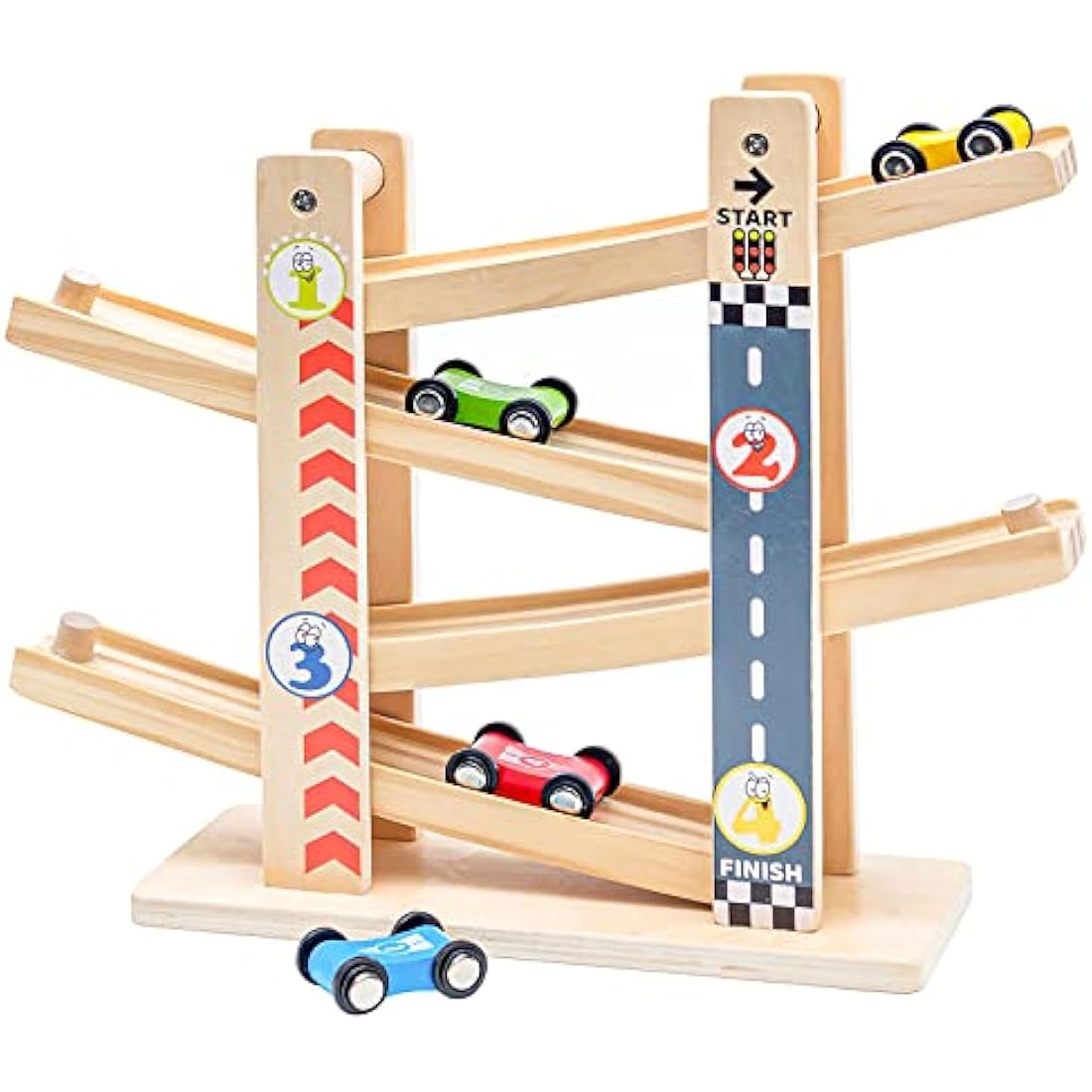 Wooden Car Ramp Toy – Toddler Race Track with 4 Cars