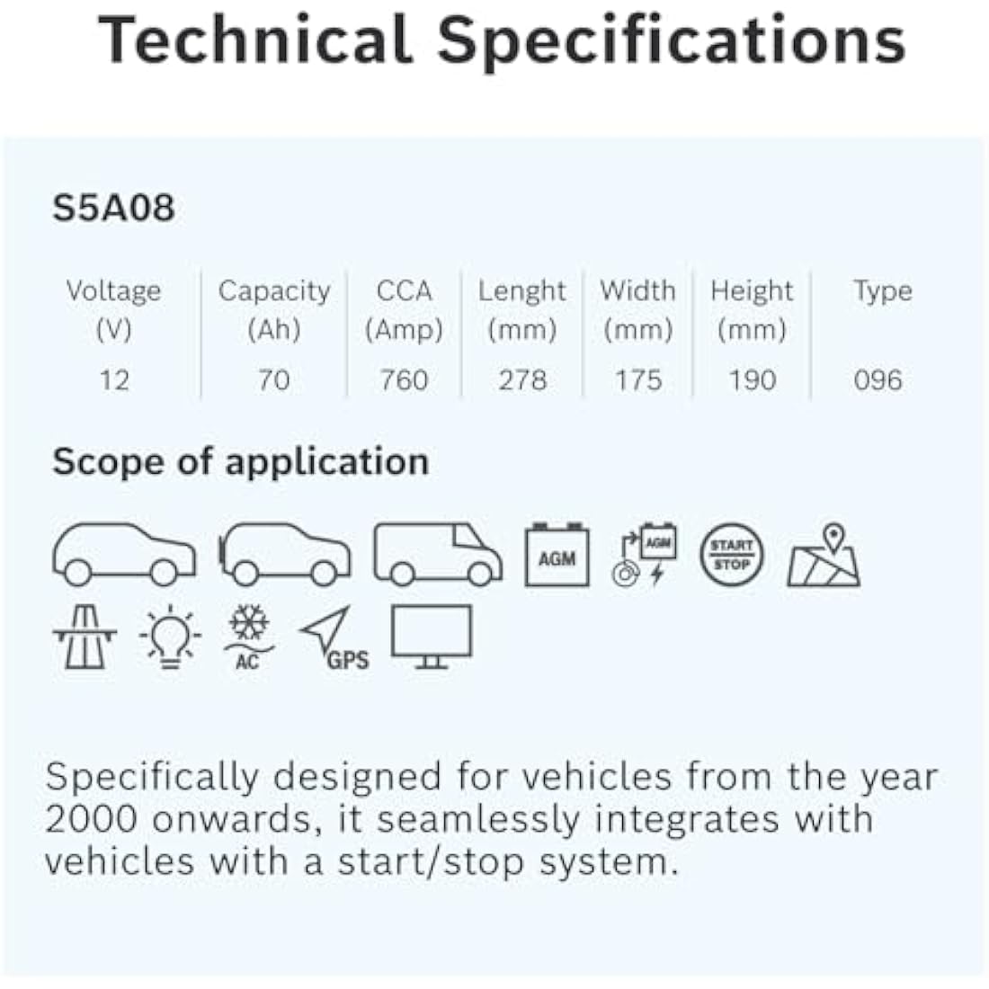 Bosch S5A08 AGM Car Battery | 12V 70Ah 760A | Type 096 Start-Stop