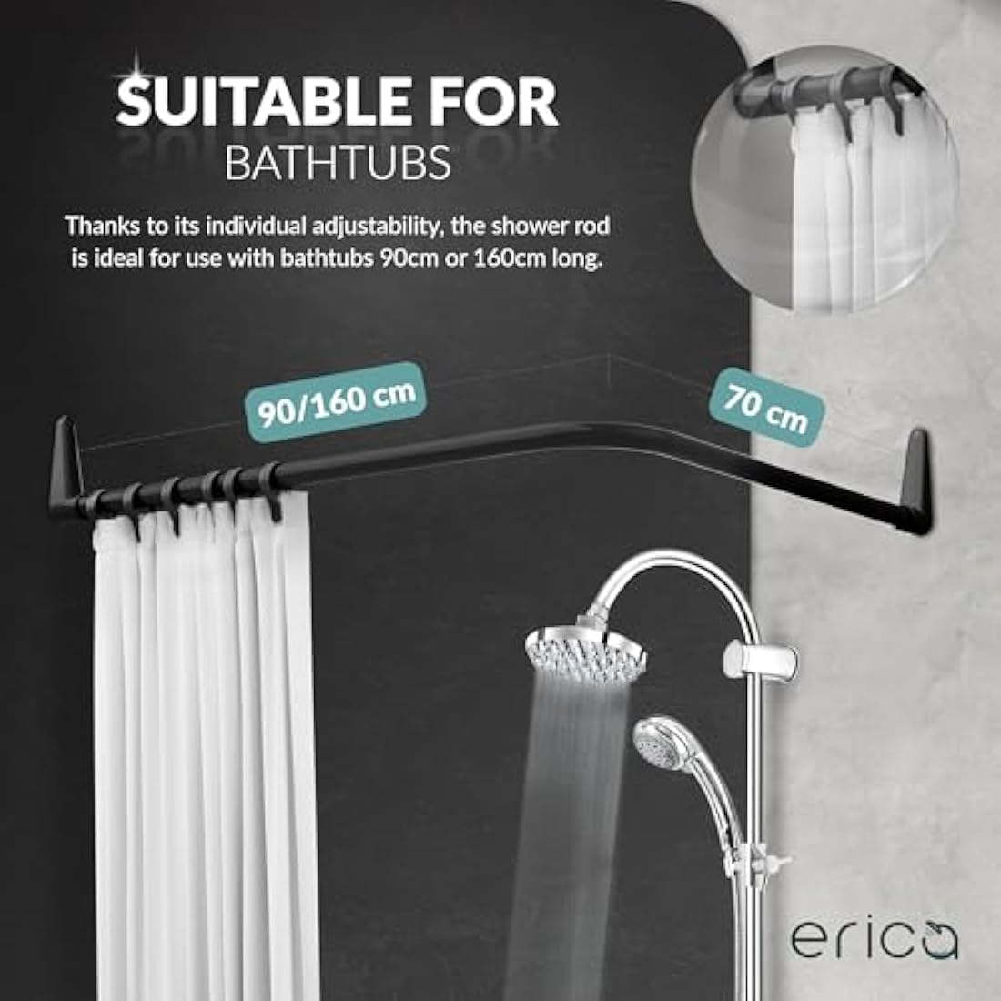 L-Shaped Shower Curtain Rail | Black Steel Curved Pole