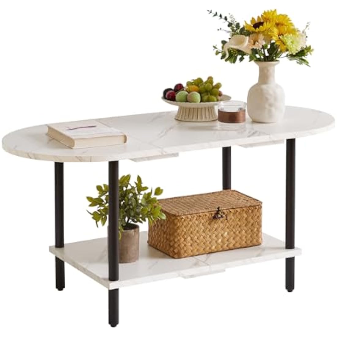 Aibiju Oval Coffee Table | 2-Tier Storage with Wooden Legs, White Marble