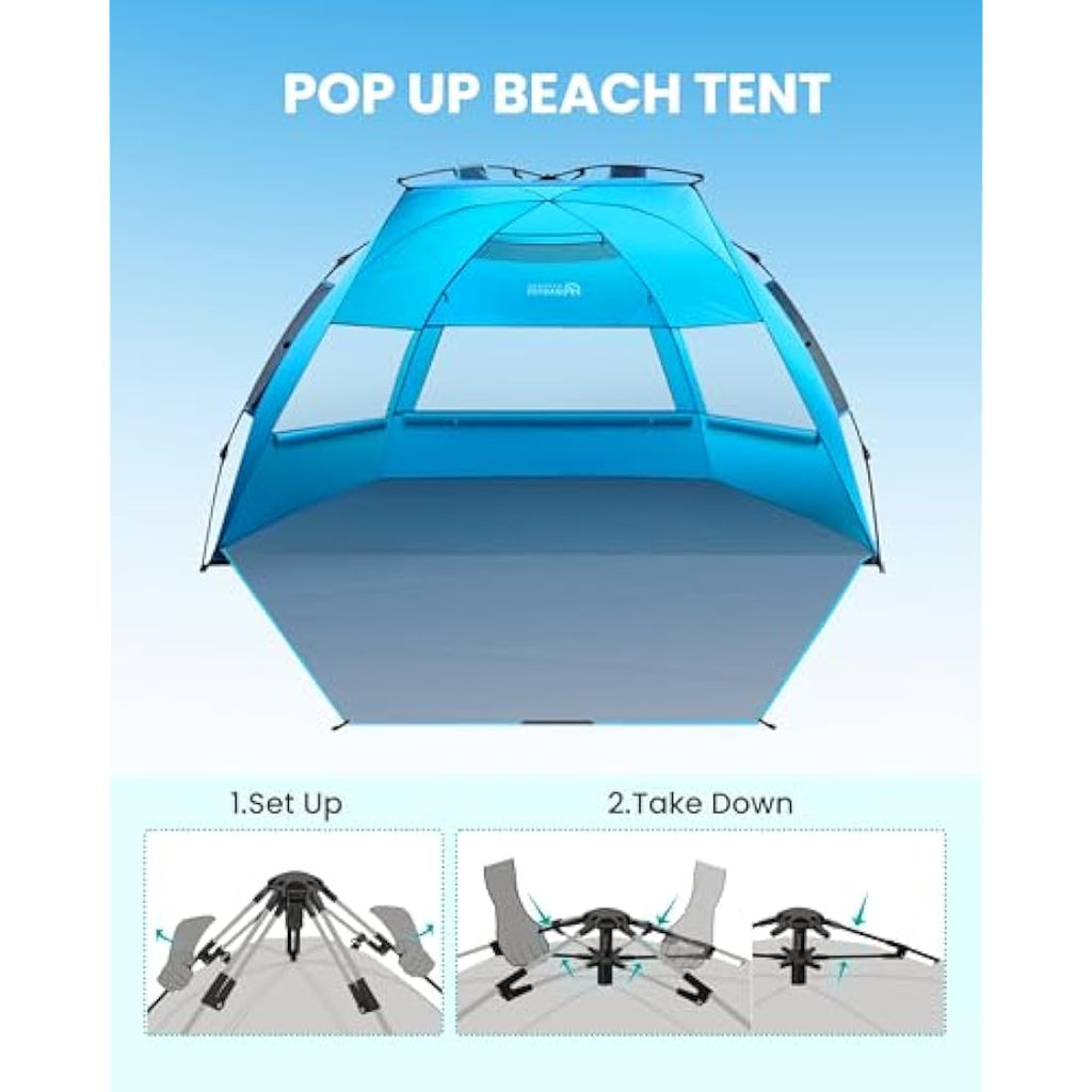 OutdoorMaster Pop Up Beach Tent – XL 4-Person UPF 50+ Sun Shelter