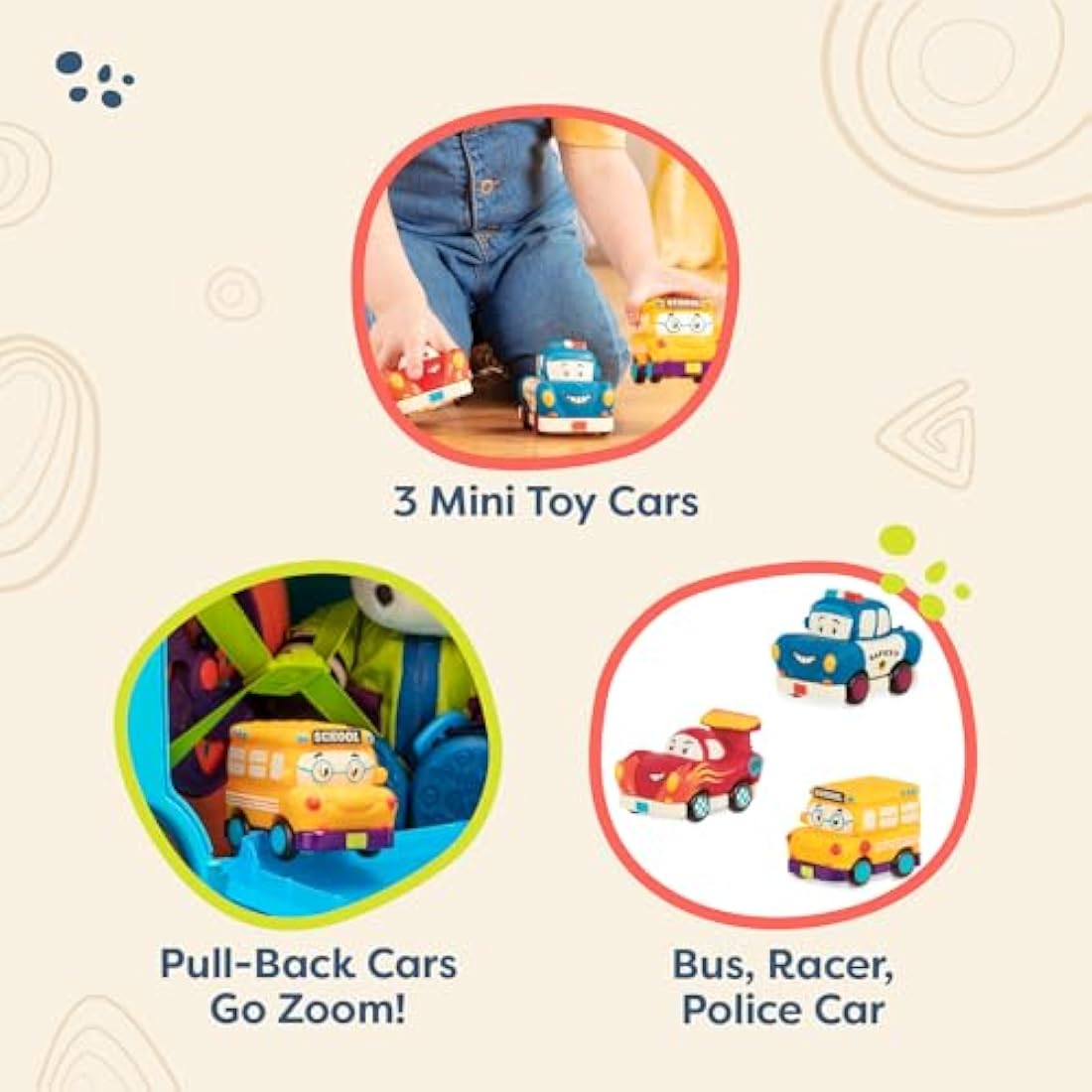 B. Toys Mini Wheeee-ls! Pull-Back Cars - 3 Soft Toy Vehicles for Toddlers