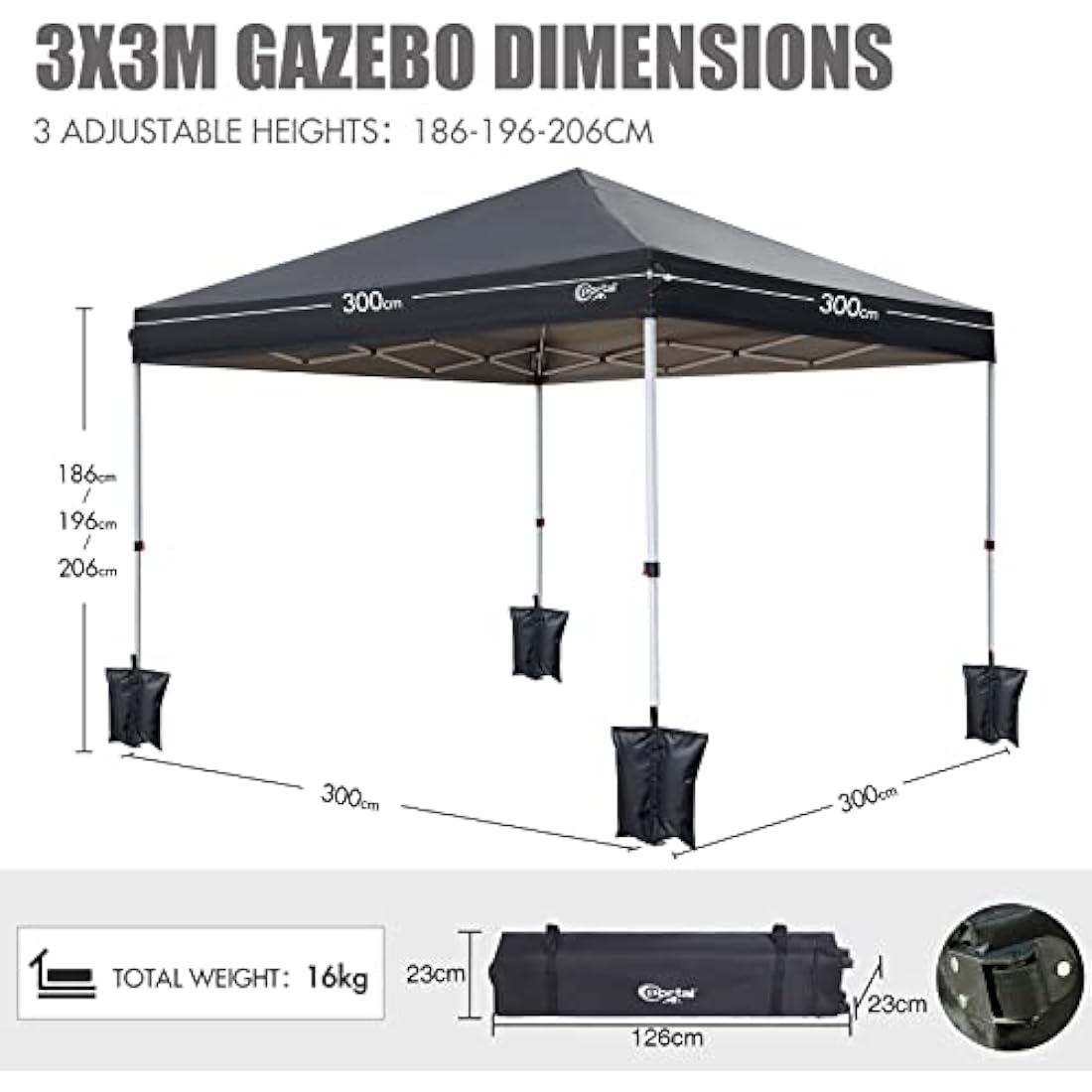 PORTAL 3x3m Pop Up Gazebo – Heavy Duty Steel Frame Outdoor Canopy Tent