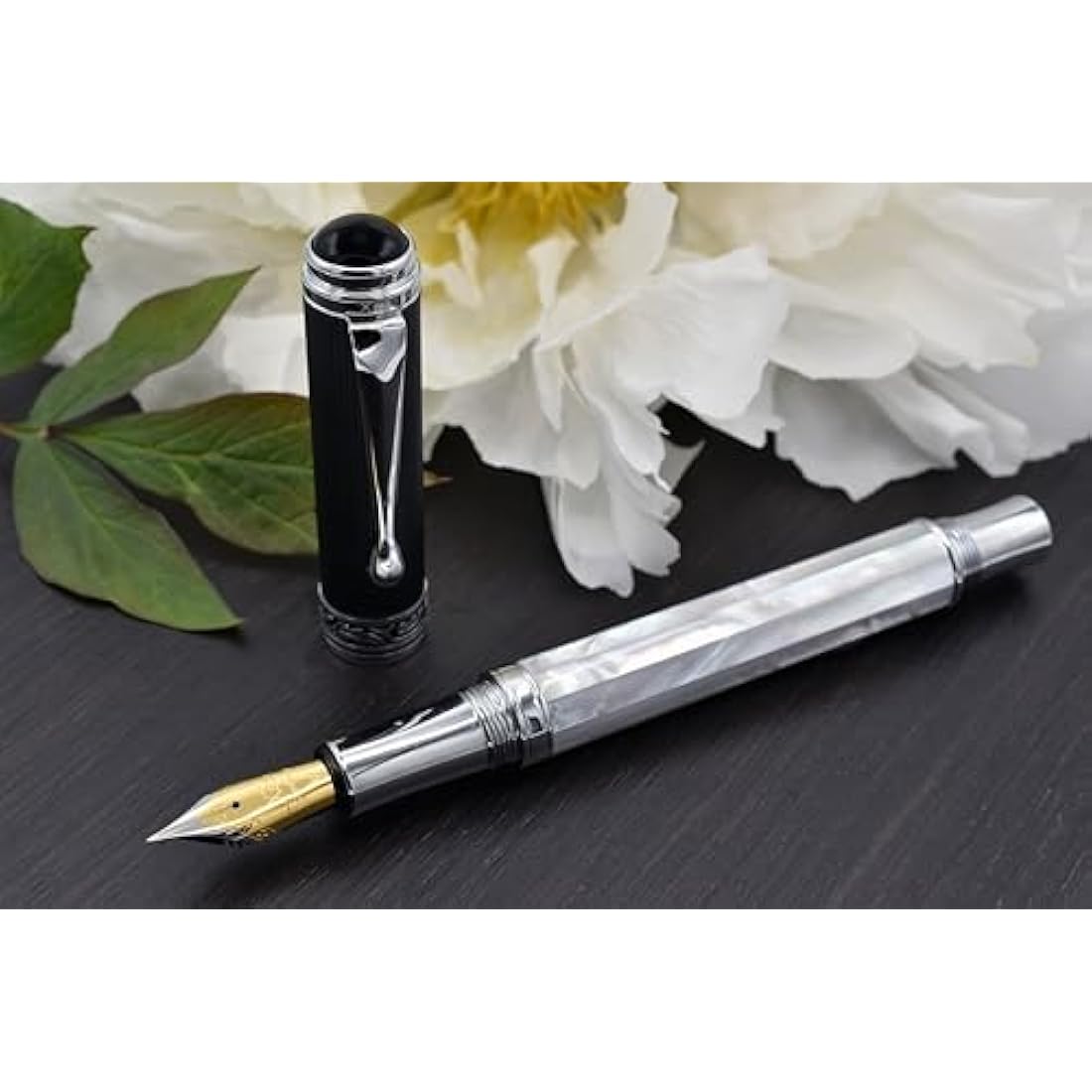 Xezo Maestro Fountain Pen – White Mother of Pearl & DLC PVD, Fine Nib