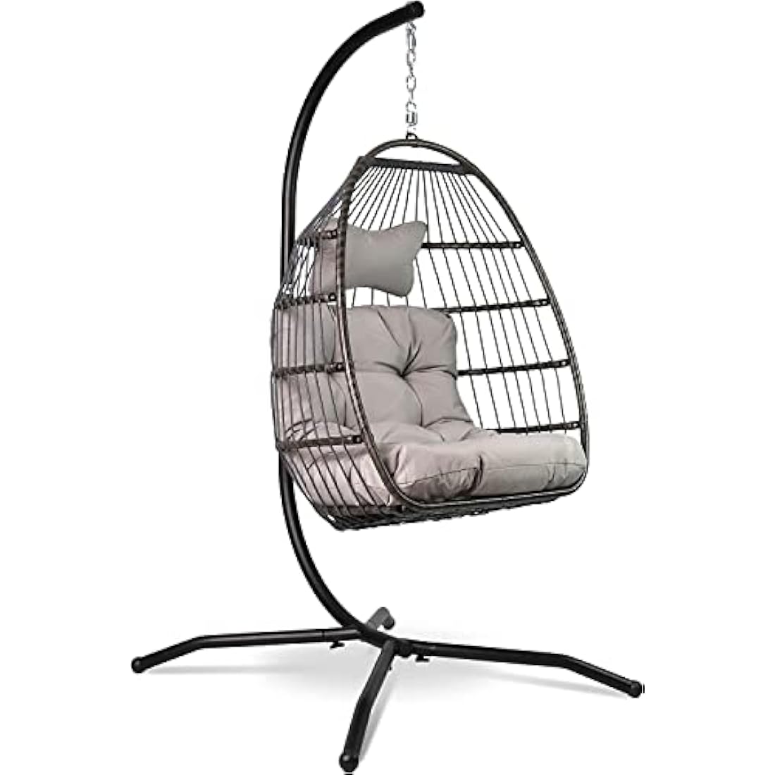 Vita5 Foldable Hanging Egg Chair with Stand | Polyrattan Swing - Light Grey