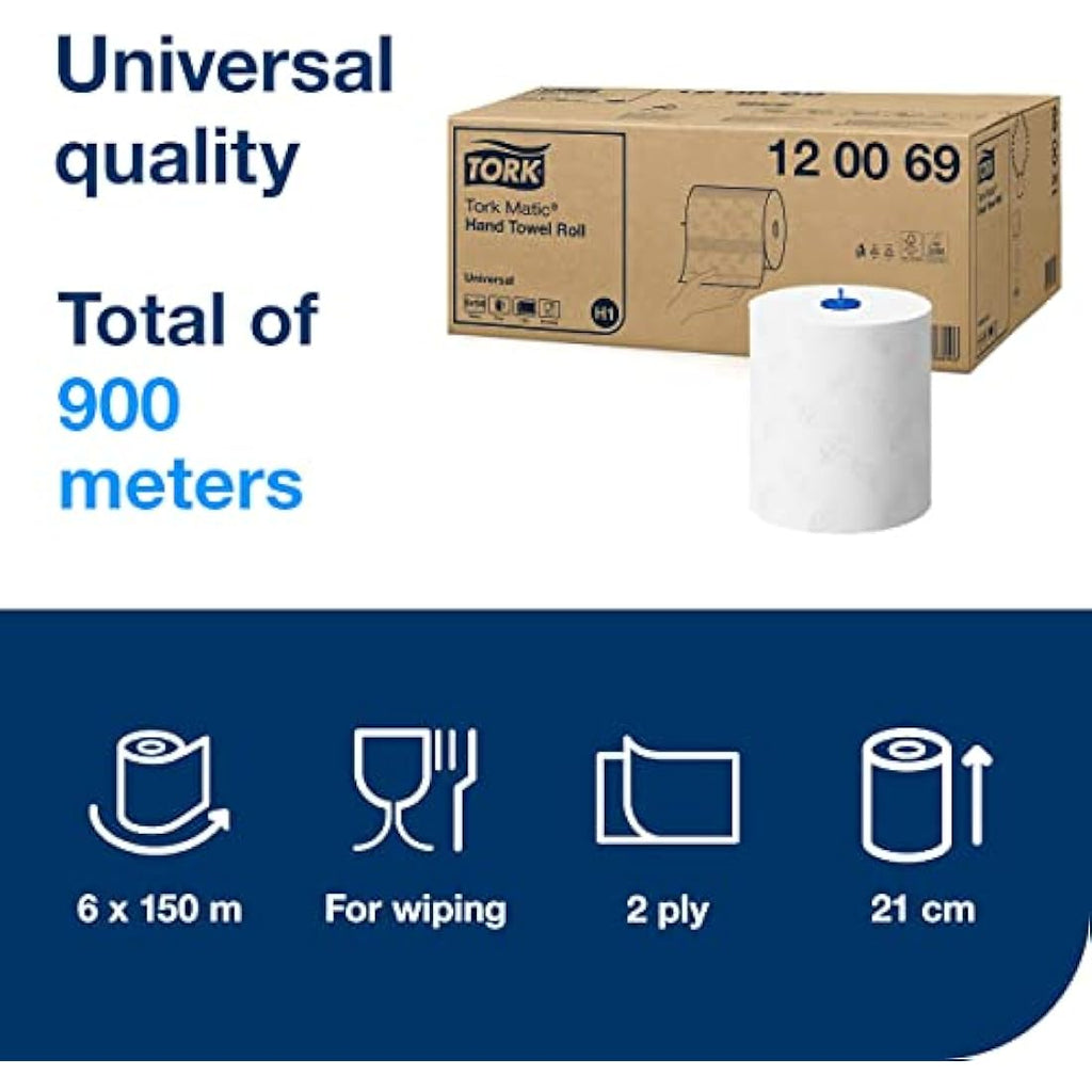 Tork Matic Hand Towel Roll H1 – White 2-Ply Universal Paper, 6 x 150m