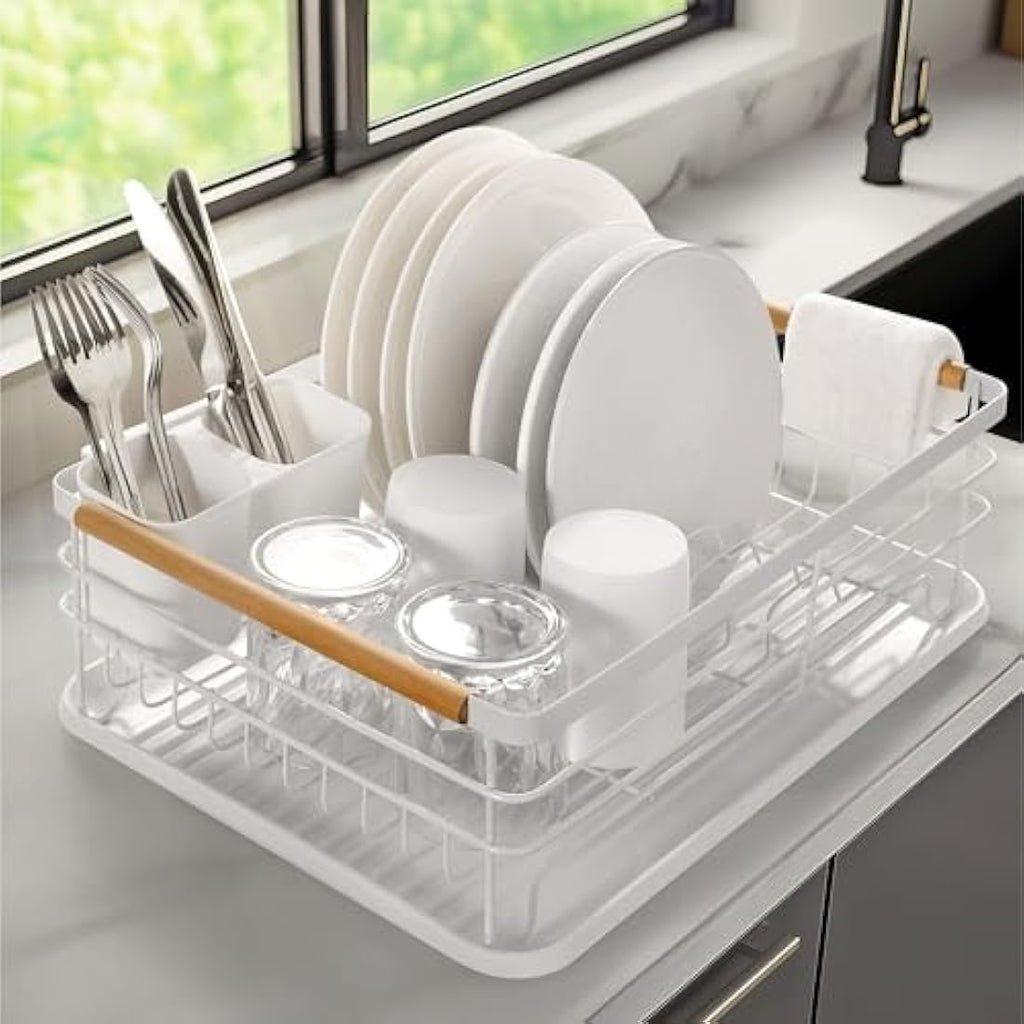 Navaris Dish Drying Rack – Retro Kitchen Drainer with Beechwood Handles