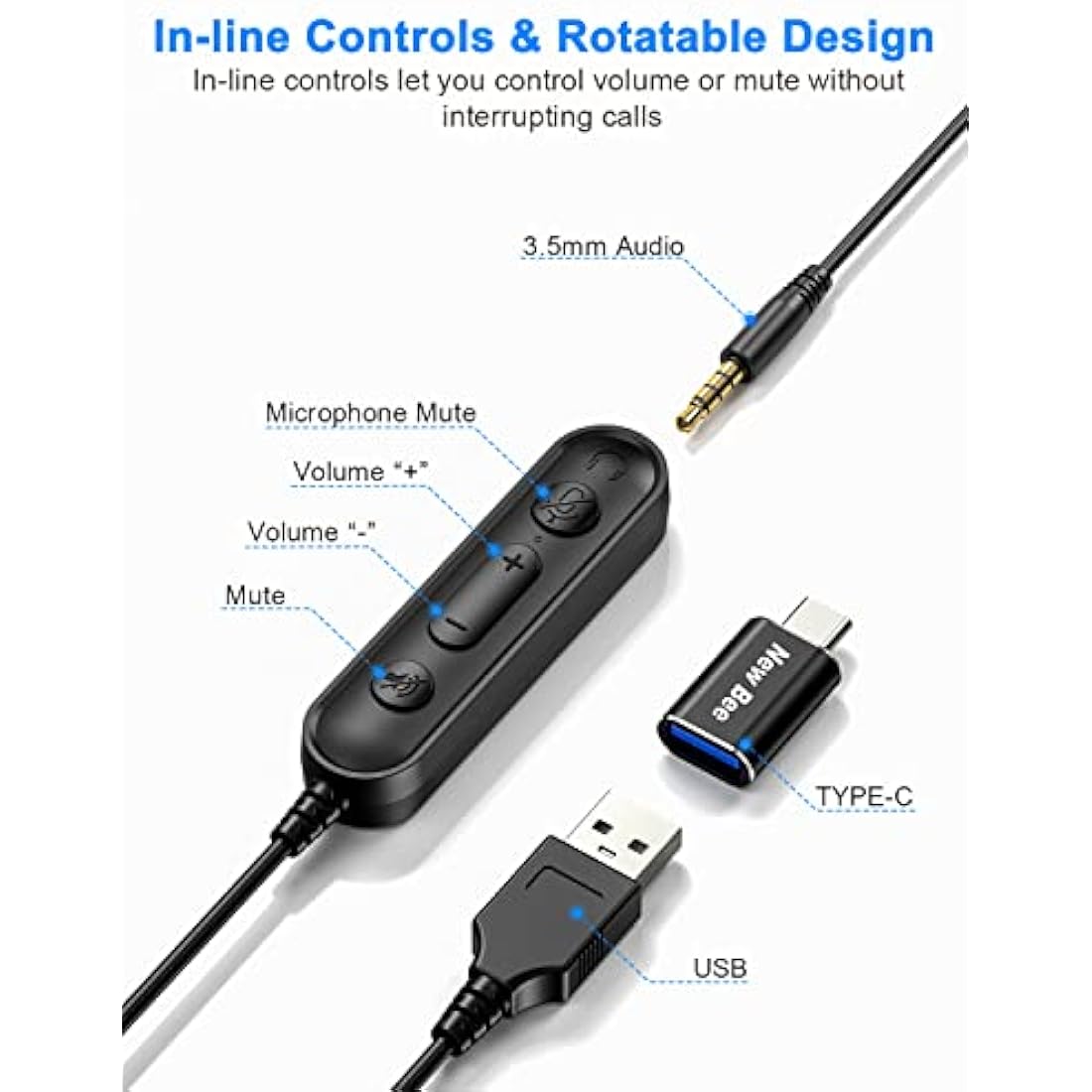 New Bee H362 USB Headset with Microphone | 3.5mm PC Headphones - Black