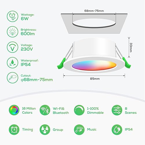 ALUSSO 4 Pack Smart RGB LED Recessed Downlights | WiFi & Bluetooth Control
