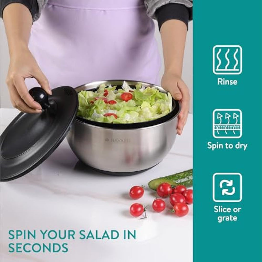 Navaris Stainless Steel Salad Spinner with 5 Grater & Slicer Discs