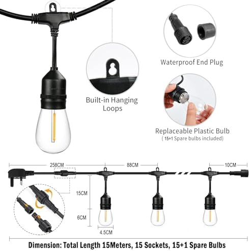 15M Outdoor Festoon Lights | Shatterproof IP65 Garden String