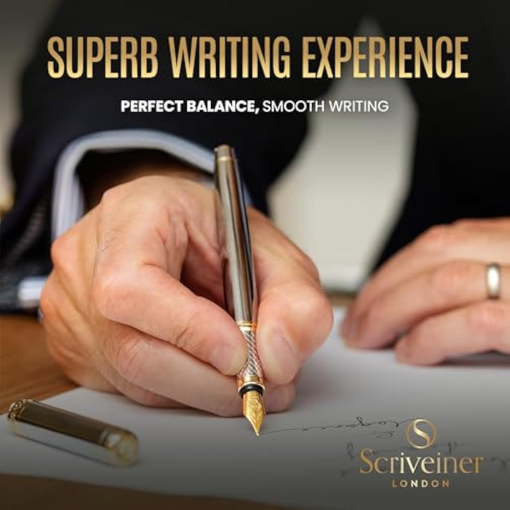 Scriveiner Silver Chrome Fountain Pen – Gold Plated Schmidt Medium Nib