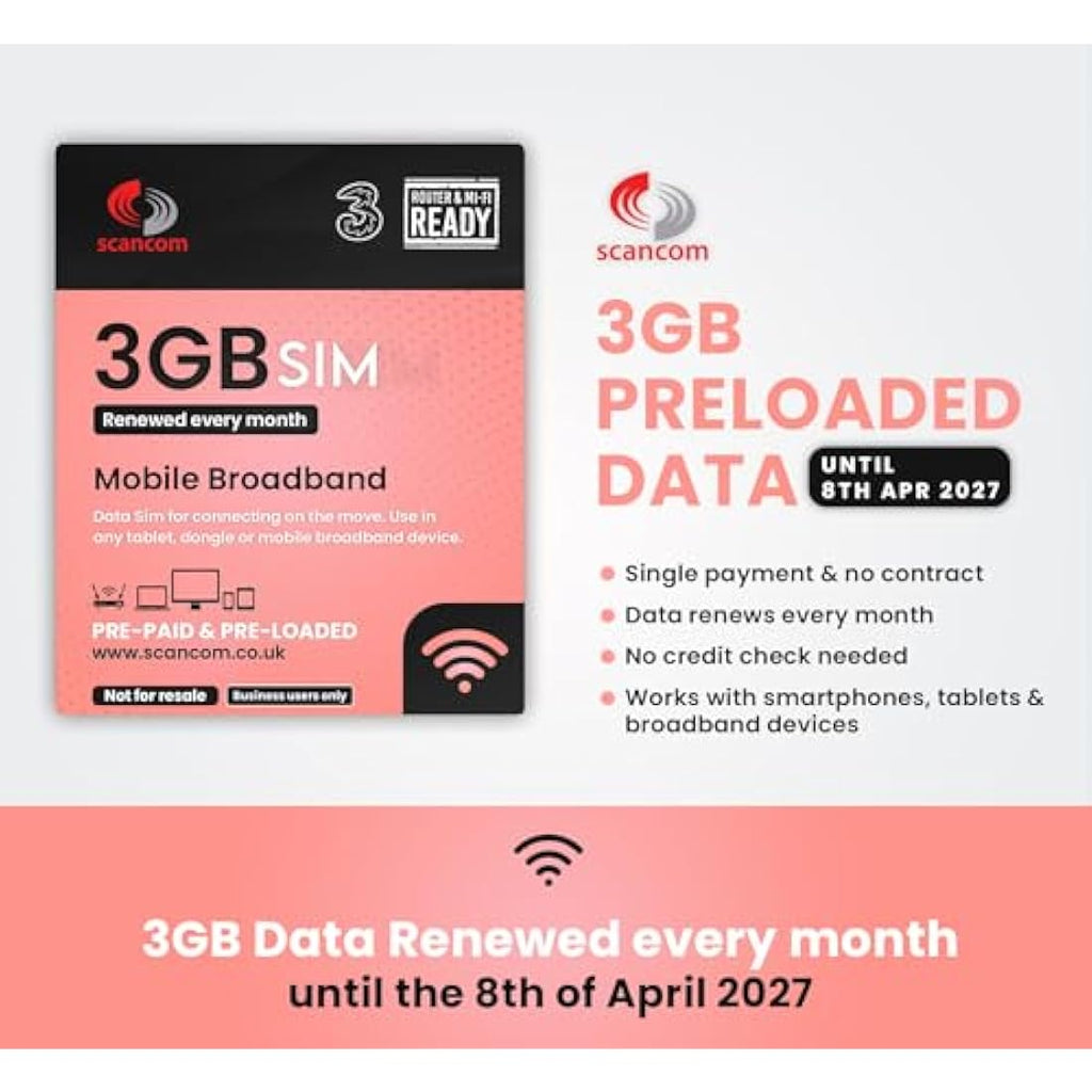 Three 3GB Monthly Data SIM – 5G Prepaid IoT SIM Card – Valid Until 2027
