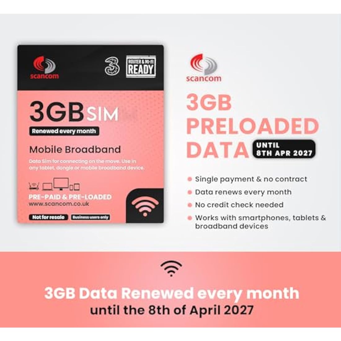 Three 3GB Monthly Data SIM – 5G Prepaid IoT SIM Card – Valid Until 2027