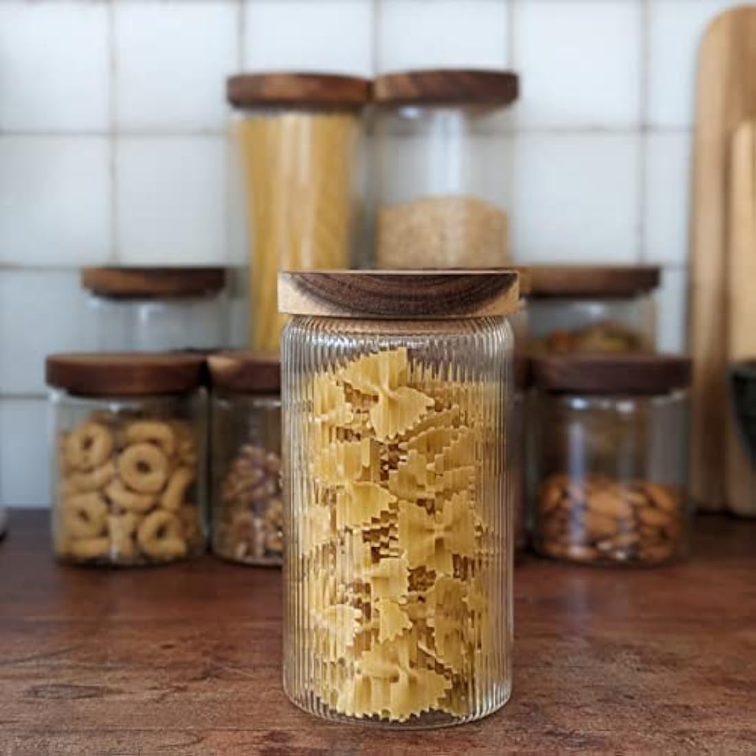 Mason & Fable Ribbed Glass Jars with Acacia Wood Lids - 800ml Set of 3