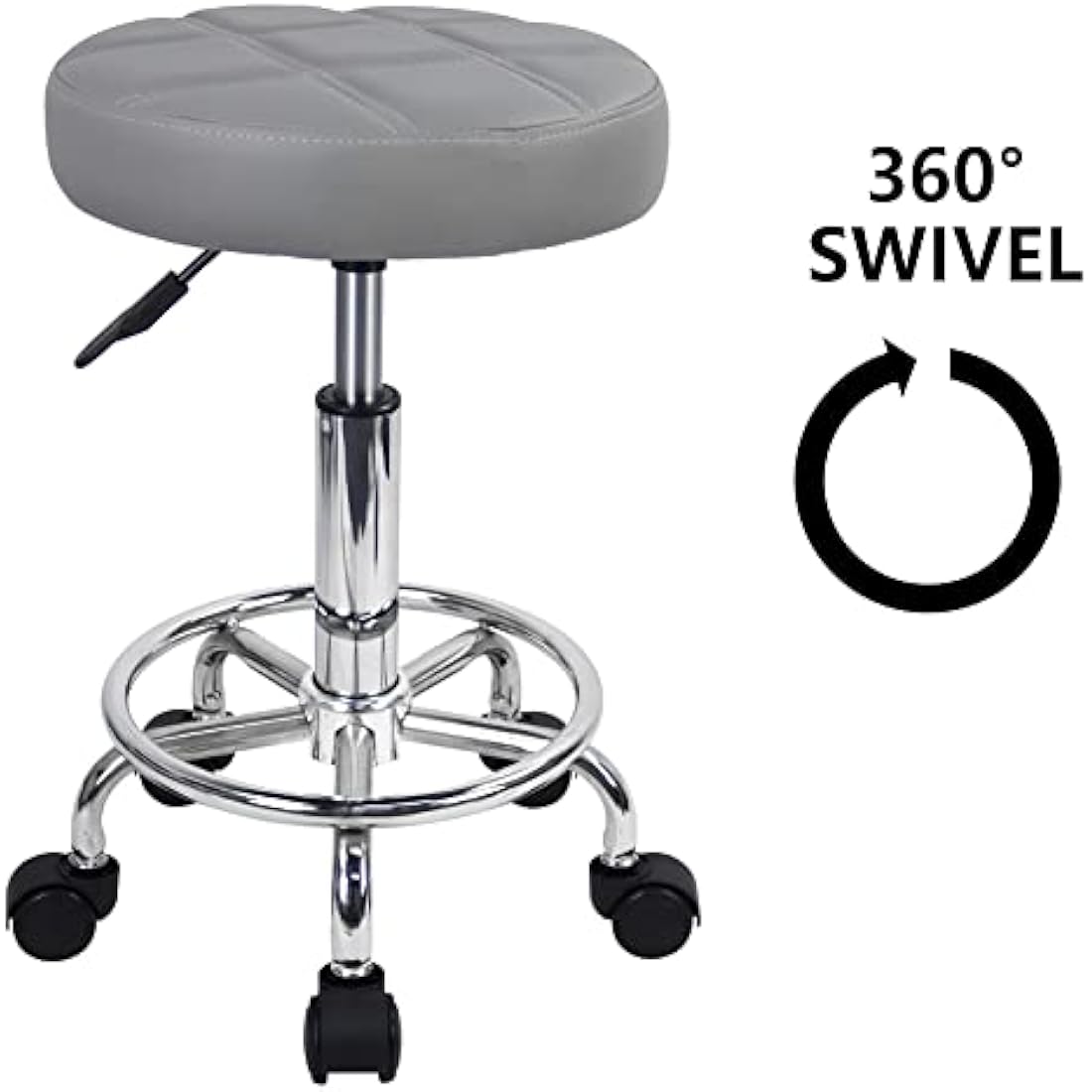 KKTONER Round Rolling Stool - Gray PU Leather Adjustable Swivel Chair