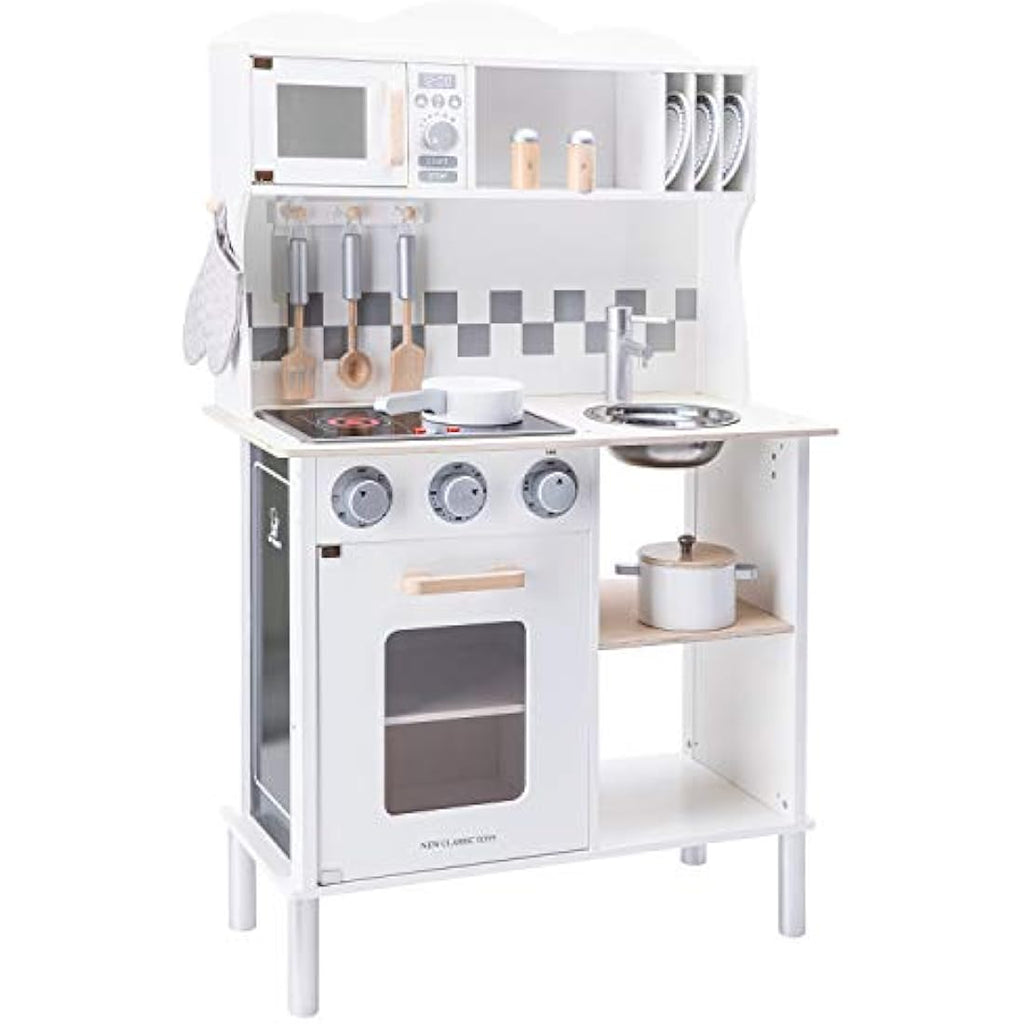 New Classic Toys Wooden Pretend Play Kitchen with Sound - White