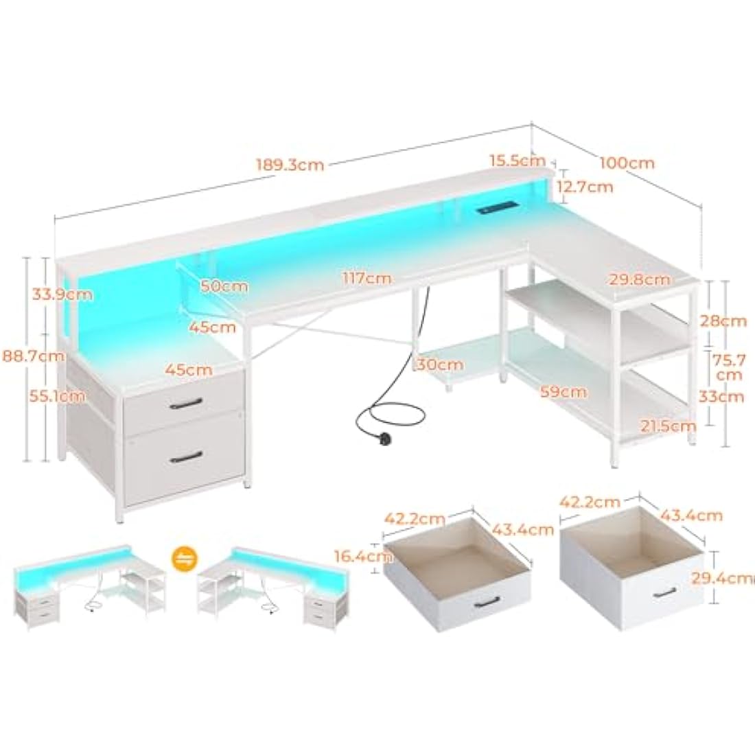 L-Shaped Gaming Desk with LED Lights & Power Outlets, White