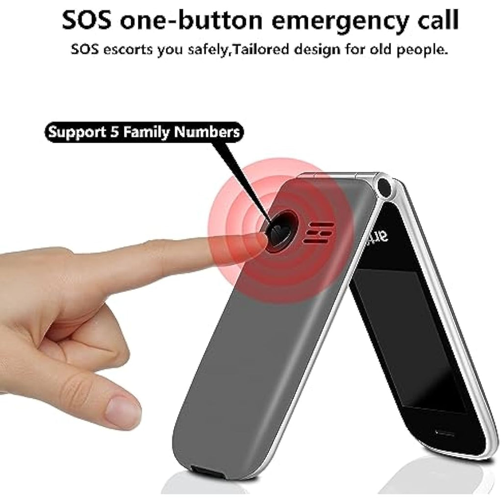 artfone F30 4G Unlocked Flip Phone for Seniors with SOS Button – Silver Grey