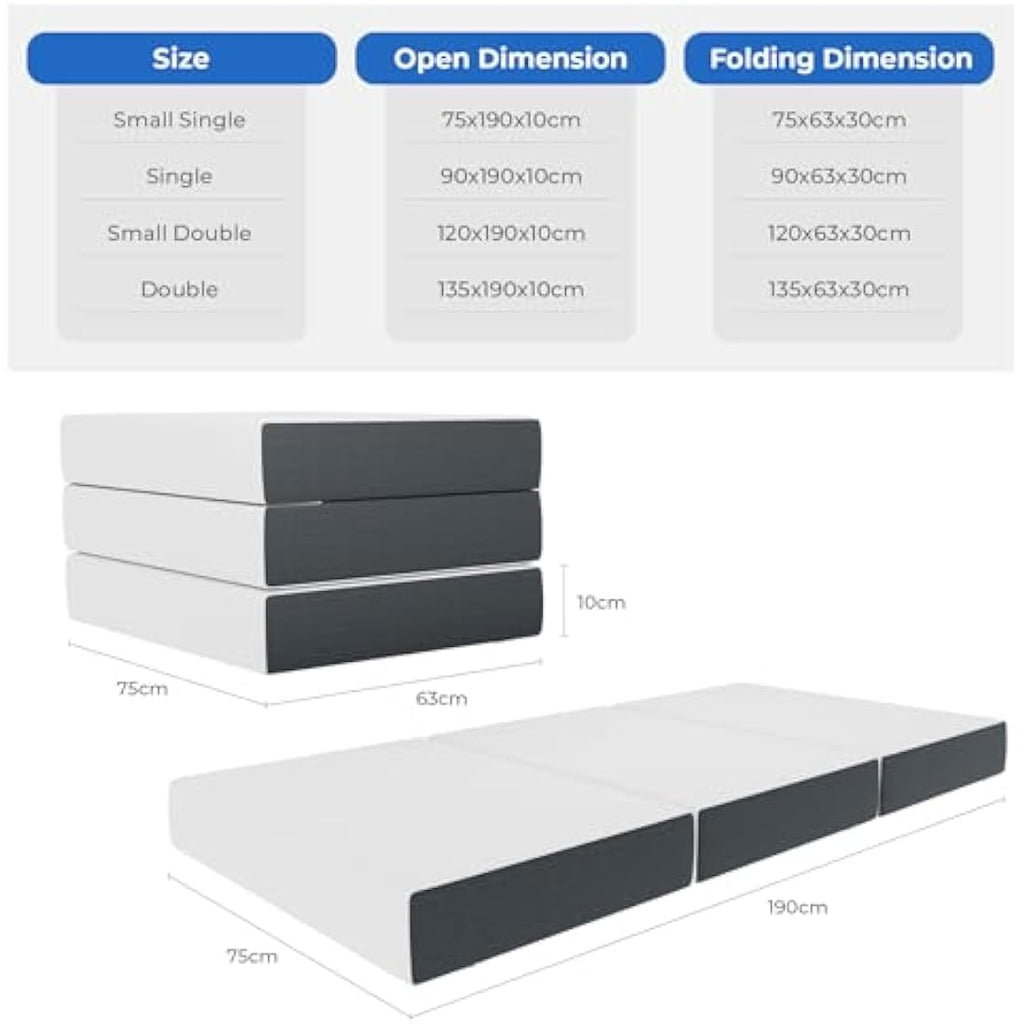 Vesgantti Single Tri-fold Mattress | 10cm Gel Memory Foam Folding Bed