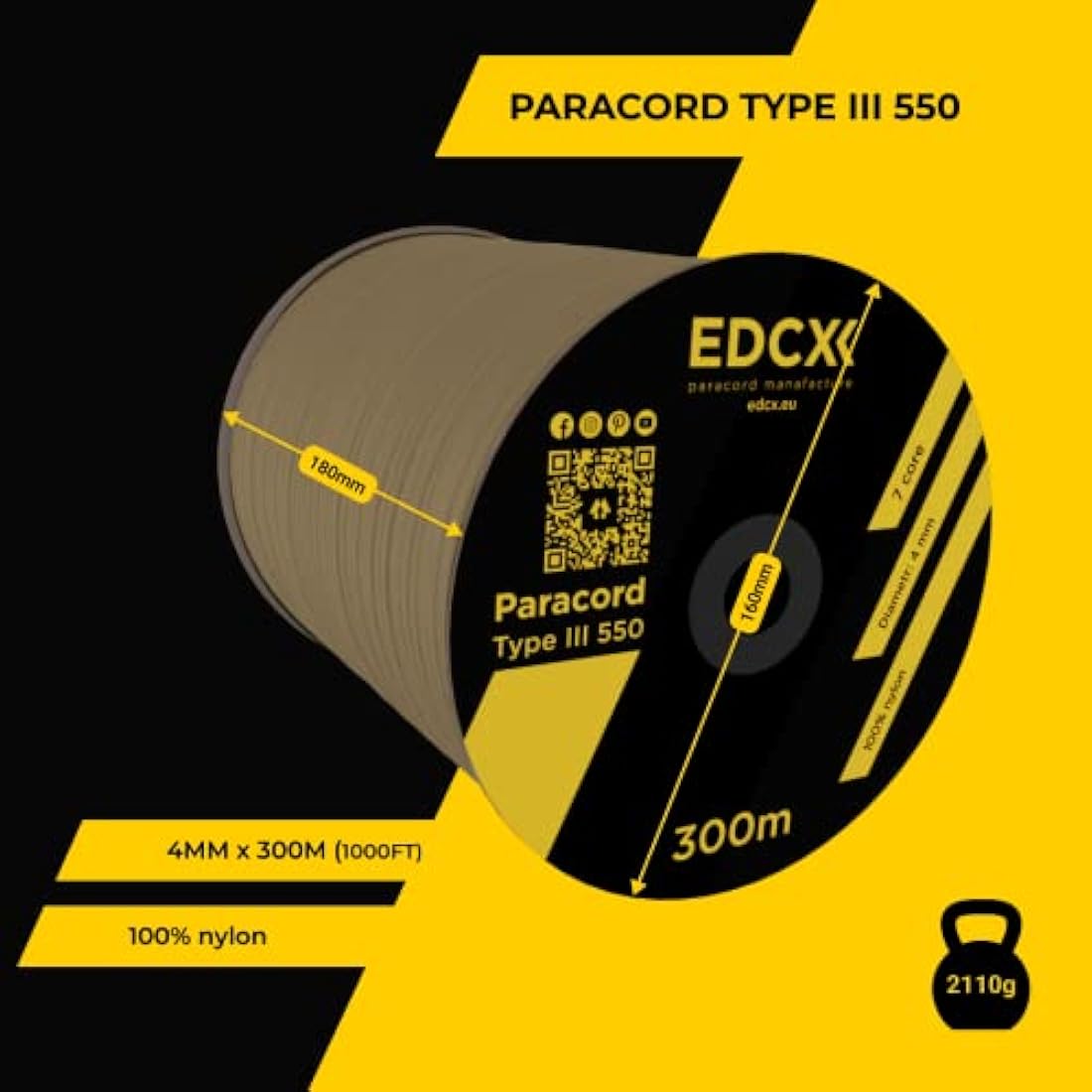 EDCX 550 Paracord – 4mm Type III 7-Strand Nylon Rope, 15m Spool