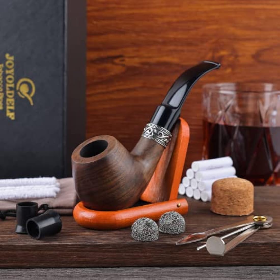 Joyoldelf Ebony Tobacco Smoking Pipe Set with Stand and 9mm Filters