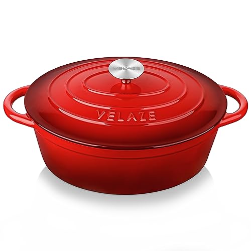 Velaze 5L Oval Enameled Cast Iron Dutch Oven – 30cm Non-Stick Pot, Red