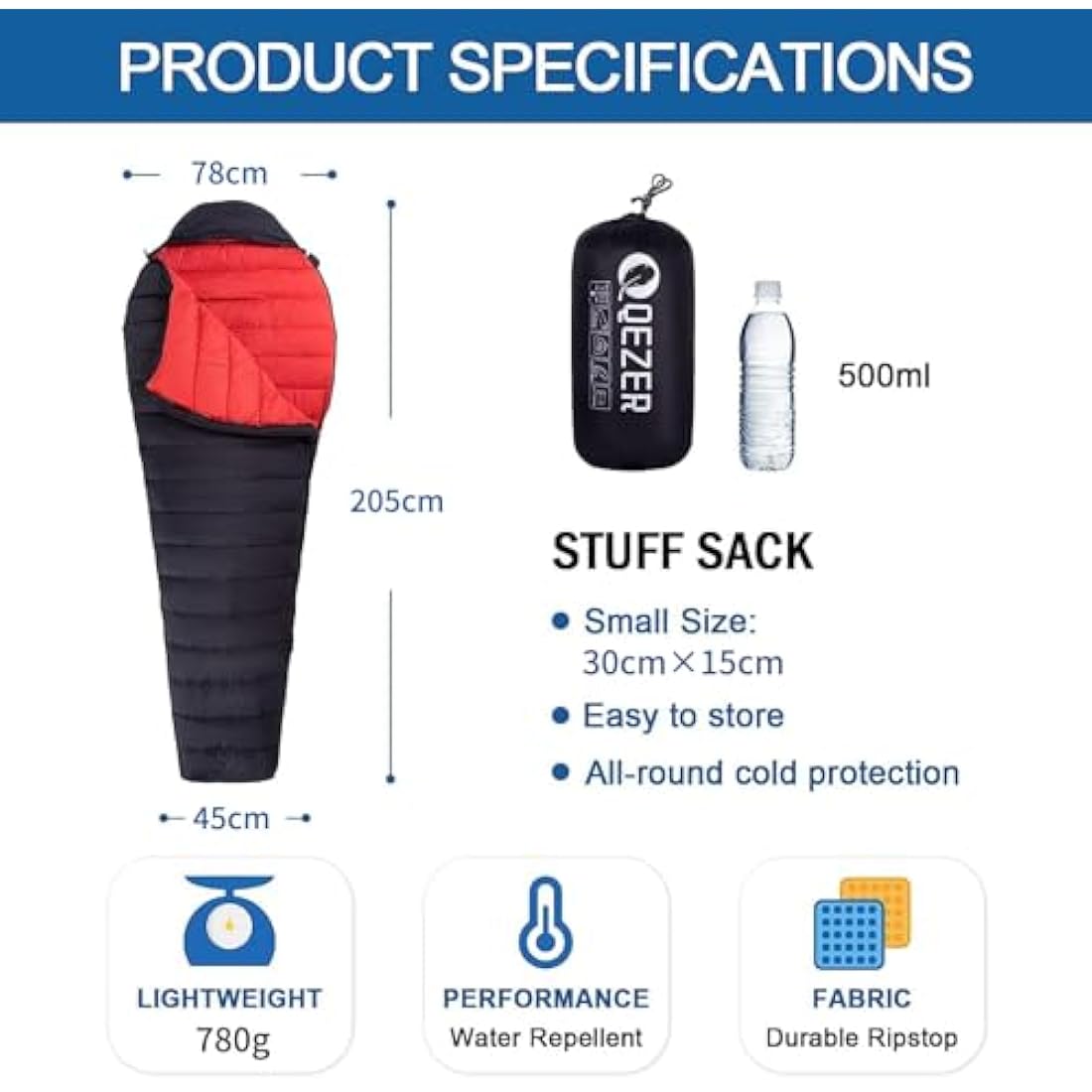 QEZER Ultralight Down Sleeping Bag | 600FP Duck Down Backpacking Gear