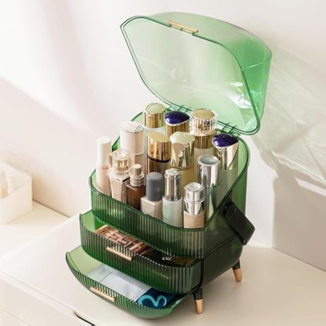 SIOOUI Makeup Organizer | 3-Layer Large Cosmetic Display Case – Clear Green