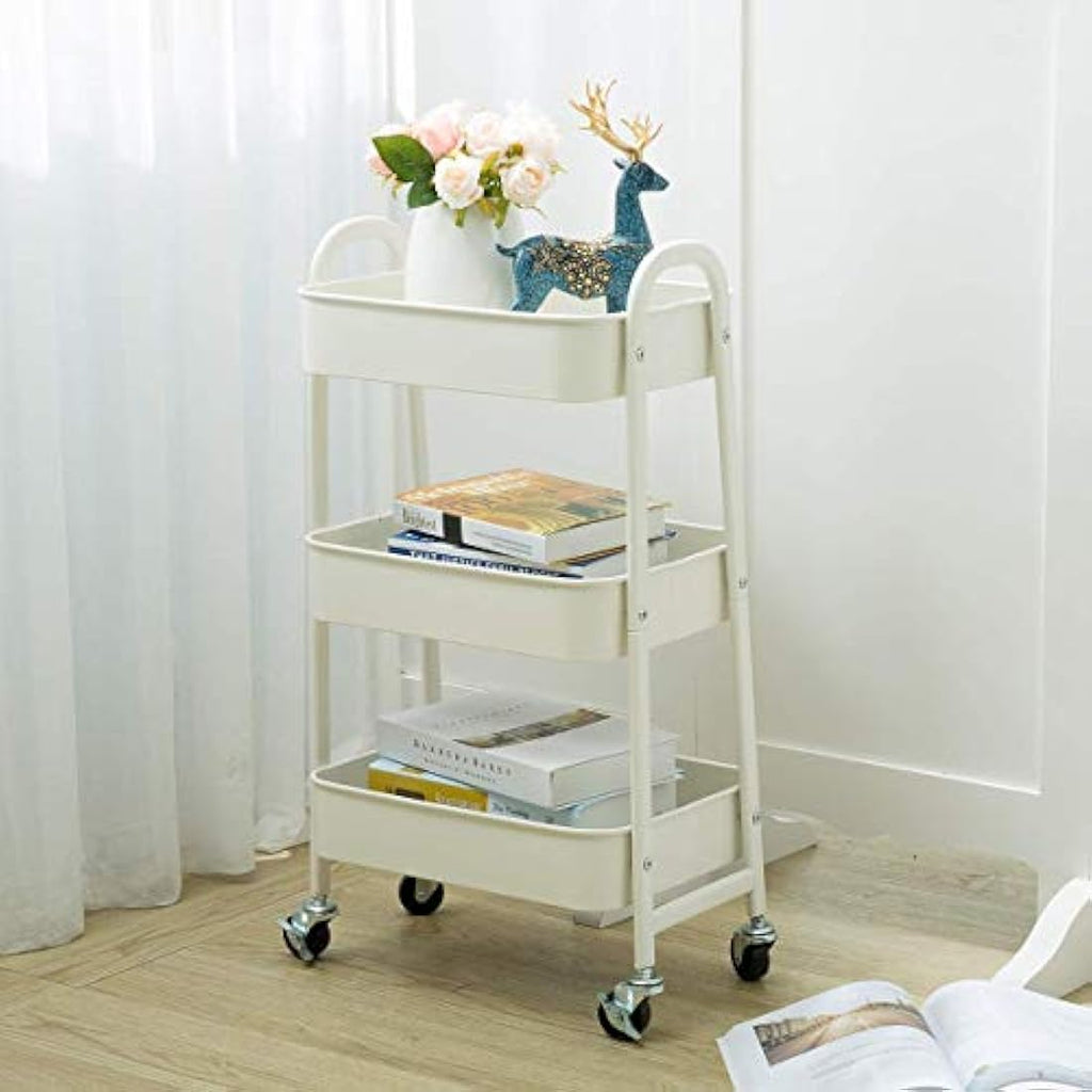 Jolof Store 3-Tier Metal Rolling Utility Cart - White Storage Trolley