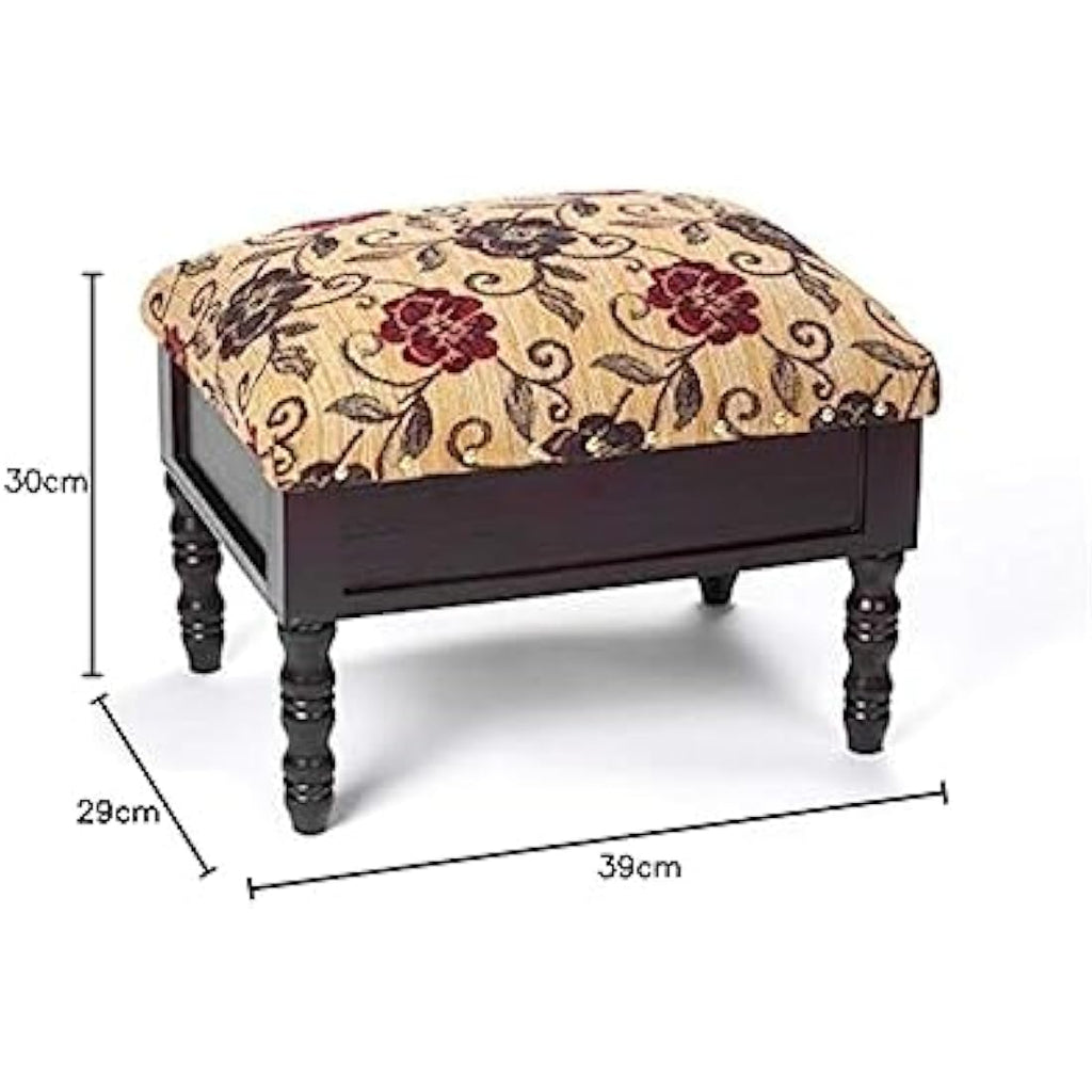 Floral Storage Footstool – Padded Ottoman with Wood Legs
