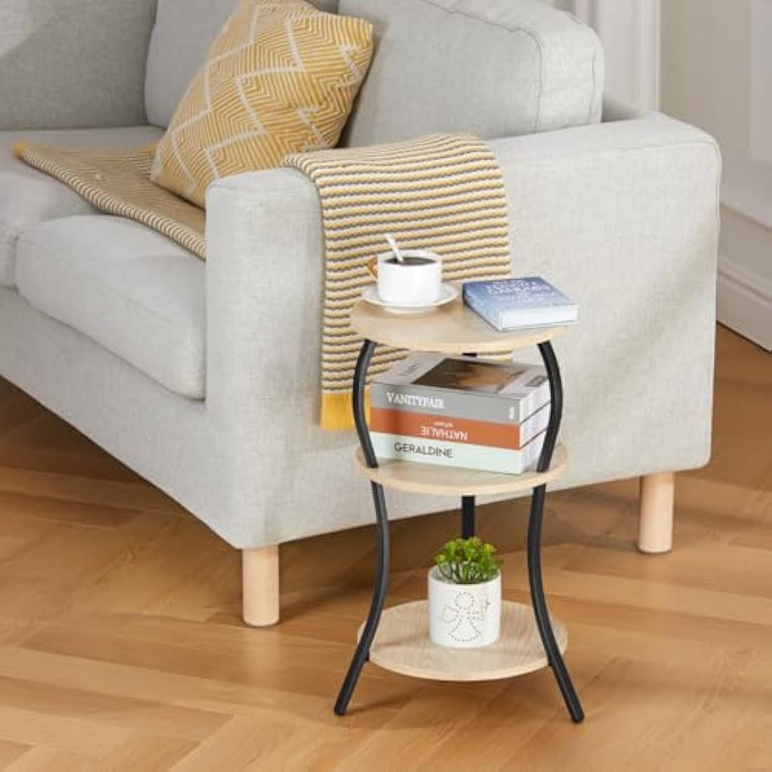 3-Tier Round Side Table – Industrial Wood & Metal End Table