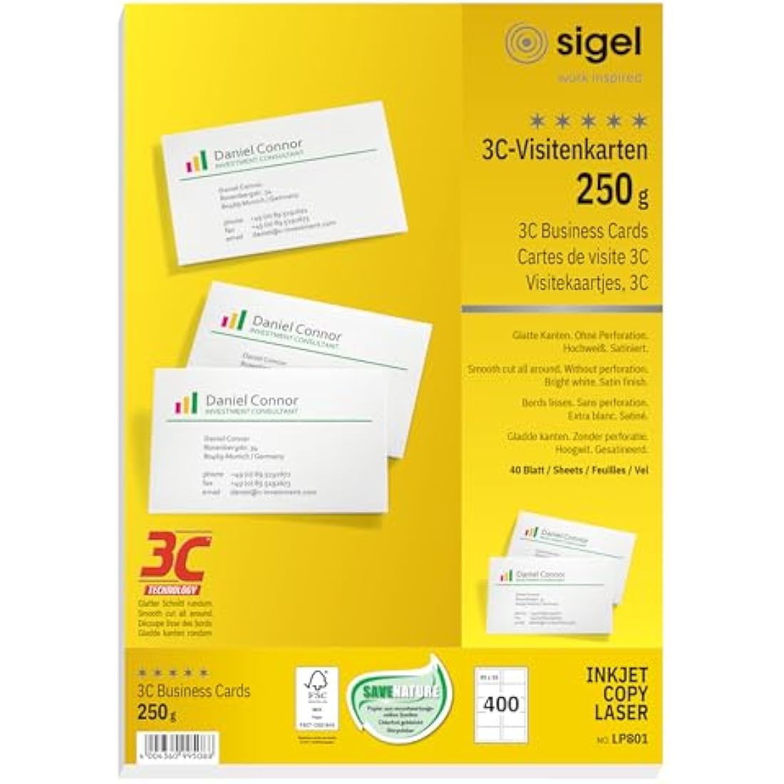 Sigel Business Cards | 250 gsm Bright White Smooth Cut | 400 Pieces