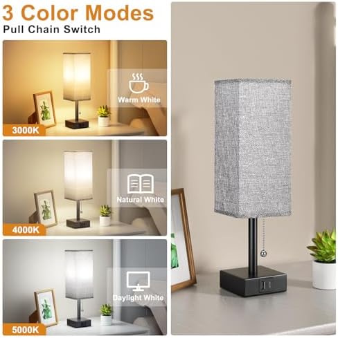 Aooshine Bedside Lamps Set of 2 | USB C+A Ports & 3-Color Modes