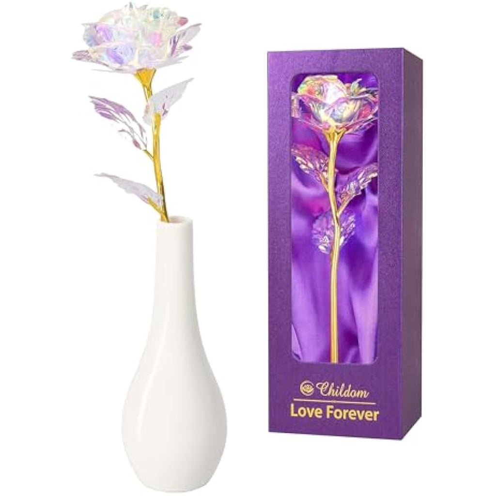 Rainbow Rose Flower with Vase – Artificial Everlasting Gift Set
