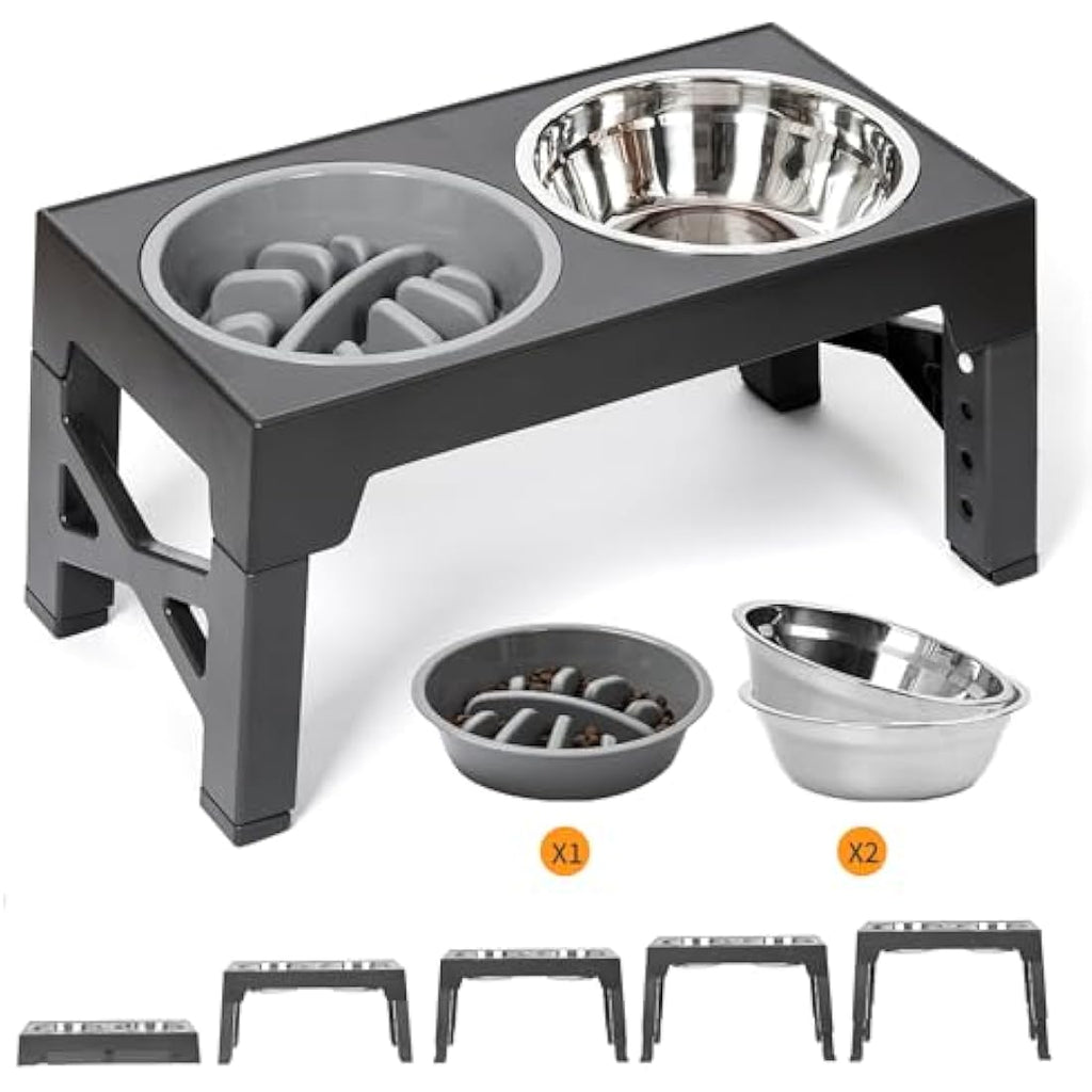 FOREYY Adjustable Elevated Dog Bowls | 5 Heights Raised Stand with Slow Feeder