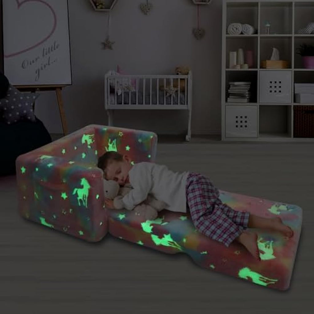Jolof Store Kids Glow in the Dark Convertible Sofa – Pink Unicorn Lounger