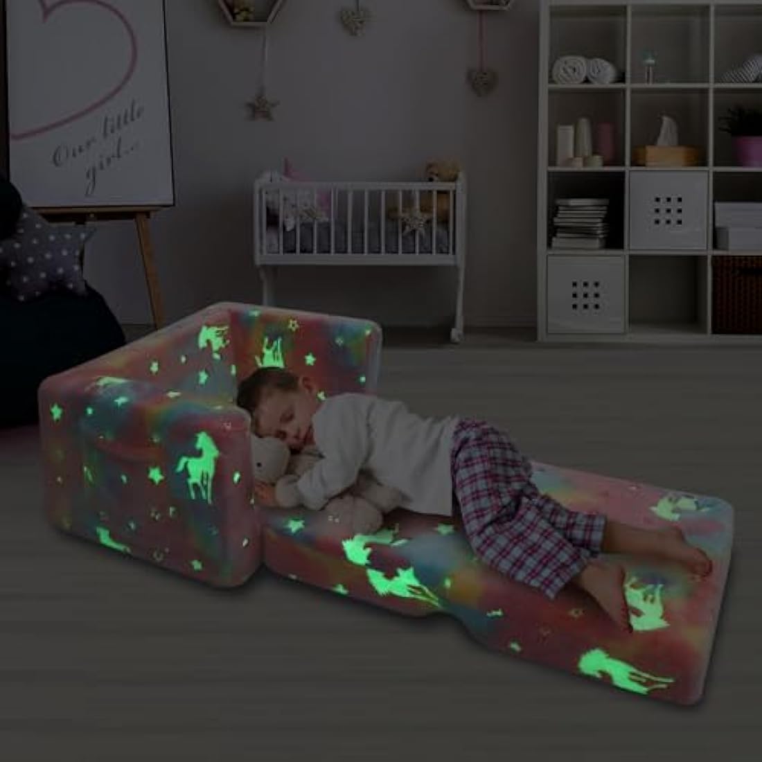Jolof Store Kids Glow in the Dark Convertible Sofa – Pink Unicorn Lounger